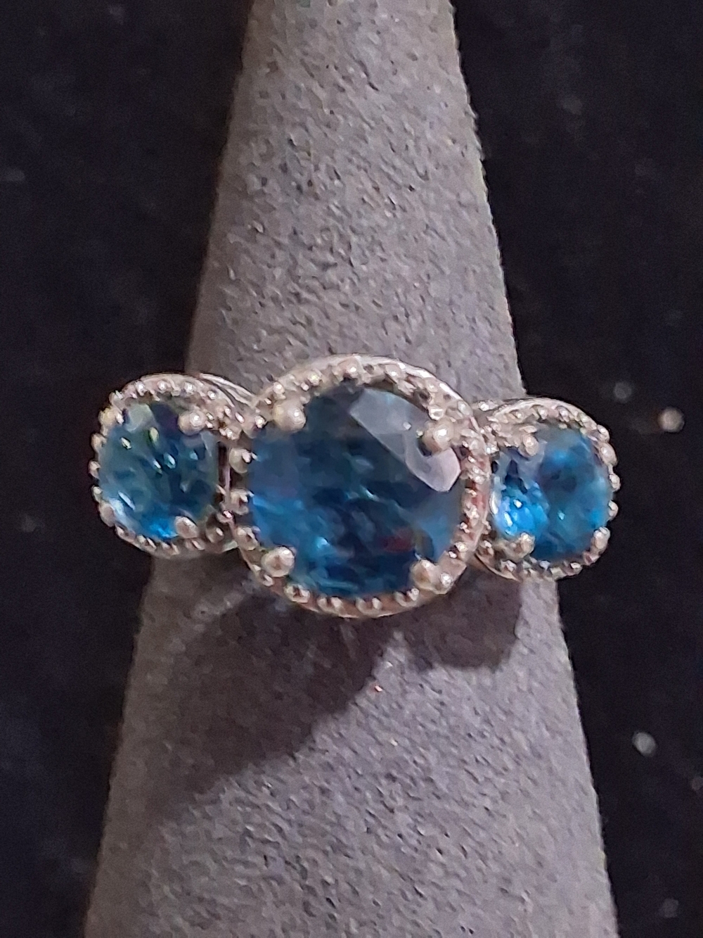 RSZ 925 Sterling Silver London Blue Topaz 3 Stone Halo Ring Vintage Style